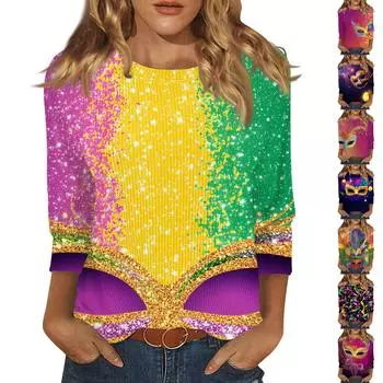 Женская модная зимняя повседневная футболка с круглым вырезом и принтом в полоску с карнавальным принтом и рукавом три четверти Женская одежда XL чёрный