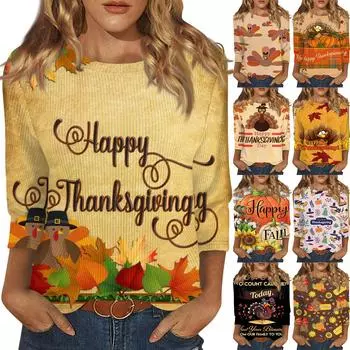 Женская модная зимняя повседневная футболка с круглым вырезом и принтом в полоску с надписью «День благодарения» с рукавом три четверти Женская одежда XXXL бежевый