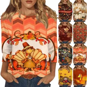 Женская модная зимняя повседневная футболка с круглым вырезом и принтом в полоску с надписью «День благодарения» с рукавом три четверти Женская одежда M бежевый