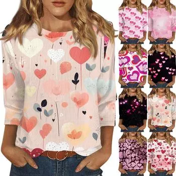 Женская модная зимняя повседневная футболка с круглым вырезом и принтом в полоску ко Дню святого Валентина, рукав три четверти, женская одежда XXXL розовый