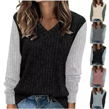 Женская модная зимняя повседневная футболка с V-образным вырезом и длинными рукавами в рубчик, однотонная женская одежда L чёрный