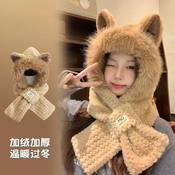 Женская модная зимняя утепленная цельная плюшевая шапка с шарфом, женская милая мультяшная шапка с ушками лисы и утеплителем для шеи