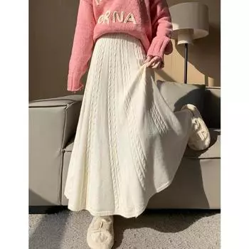 Женская молочная юбка-трапеция Fufu с высокой талией, белая трикотажная длинная юбка - универсальный вариант для весны, осени и зимы Average size 80-150 catties розовый