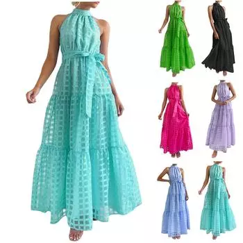 Женская молодежная модная клетчатая тонкая многослойная юбка с рюшами, туника без рукавов с воротником-стойкой, летнее длинное платье M