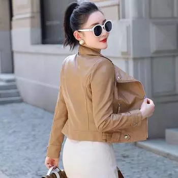 Женская мотоциклетная куртка из искусственной кожи осень 2023 года — корейский стиль, универсальная, миниатюрная, короткая модель XL чёрный