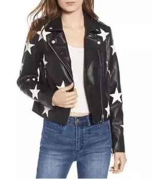 Женская мотоциклетная куртка из овечьей кожи ручной работы из натуральной кожи, черно-белая куртка со звездами XS чёрный