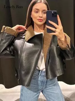 Женская мотоциклетная куртка, пальто, модная уличная утолщенная теплая верхняя одежда с карманами на молнии, винтажный зимний топ с надрезом и длинными рукавами XS чёрный