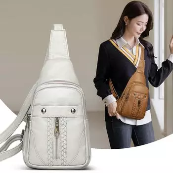 Женская мягкая кожаная нагрудная сумка через плечо с заклепками коричневый