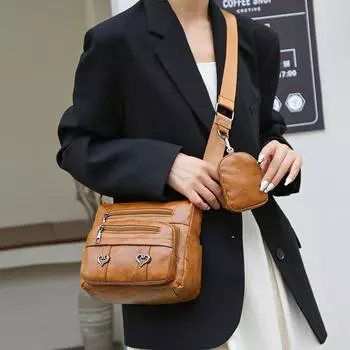 Женская мягкая кожаная сумка через плечо, сумка через плечо с несколькими карманами, большая вместительная сумка для мамы чёрный