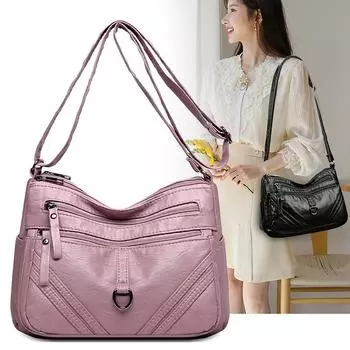 Женская мягкая кожаная сумка через плечо, сумка для мамы, большая вместимость, многослойная сумка через плечо для поездок на работу розовый