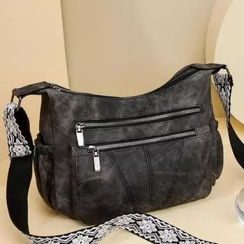 Женская мягкая кожаная сумка, однотонная, большая вместимость, многослойная сумка через плечо чёрный