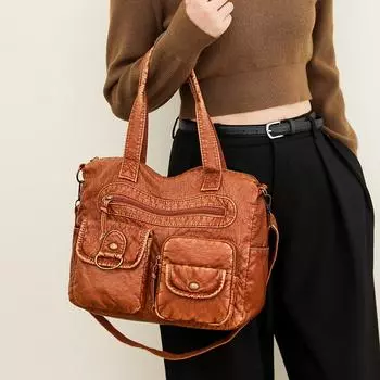 Женская мягкая кожаная сумка среднего возраста, сумка для матери, большая вместительная сумка синий