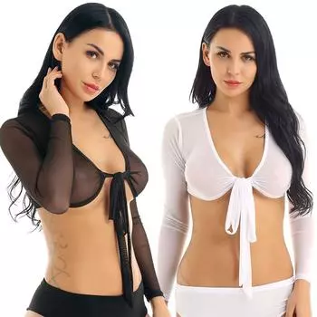 Женская мягкая прозрачная сетчатая Повседневная блузка с длинными рукавами и открытой завязкой спереди, укороченные топы M чёрный