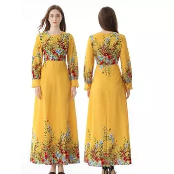 Женская мусульманская мода с принтом, темперамент, тонкое мусульманское платье, длинное платье жёлтый