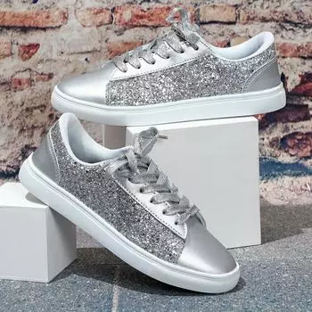 Женская мужская повседневная обувь, модные блестки, блестящие кроссовки для скейтборда, на шнуровке, весна-осень, женская обувь на плоской подошве, большие размеры 35~44 35