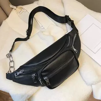 Женская нагрудная сумка через плечо с широким ремешком из мягкой искусственной кожи, сумка-мессенджер, сумка для путешествий, кошелек, поясная сумка на цепочке 14cm*34cm*5cm чёрный