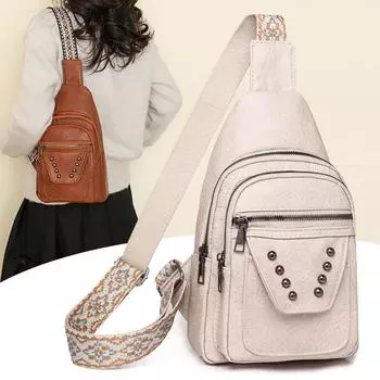 Женская нагрудная сумка на одно плечо, нагрудная сумка из мягкой кожи с вышивкой коричневый