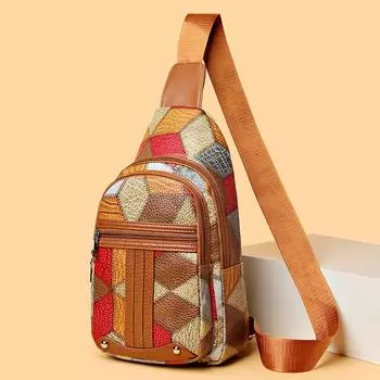 Женская нагрудная сумка с контрастной цветной строчкой, сумка через плечо, многослойная сумка коричневый