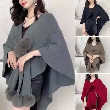 Женская накидка-шаль с V-образным вырезом, однотонная, плюшевая, с декором в виде шариков, с крестообразным узором, теплая, универсальная, для вязания, повседневная одежда для поездок на работу хаки