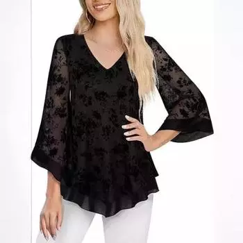 Женская нарядная блузка, двухслойная сетчатая рубашка с оборками и расклешенными рукавами 3/4, туника, топы M чёрный