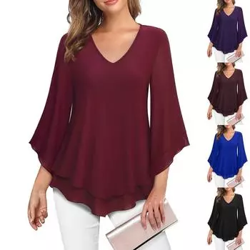 Женская нарядная блузка, рубашка с двойной сеткой, оборка, расклешенный рукав 3/4, туника, топы L чёрный