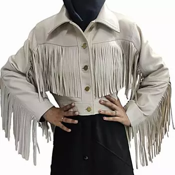 Женская натуральная кожа ягненка, укороченная куртка, белая куртка из натуральной кожи с бахромой, винтажная белая кожа ручной работы, укороченная куртка с бахромой, подарок для нее XS белый