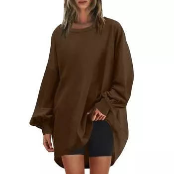 Женская негабаритная круглая толстовка, модный однотонный пуловер, туника с длинными рукавами, топы XXL кофейный