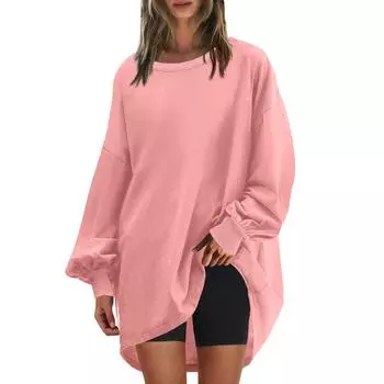 Женская негабаритная круглая толстовка, модный однотонный пуловер, туника с длинными рукавами, топы S розовый