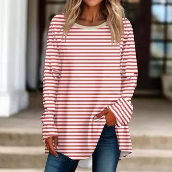 Женская негабаритная полосатая рубашка с длинными рукавами и круглым вырезом, полосатая футболка, верхний пуловер M красный