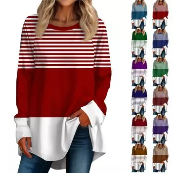 Женская негабаритная полосатая рубашка с длинными рукавами и круглым вырезом, полосатая футболка, верхний пуловер XXXL