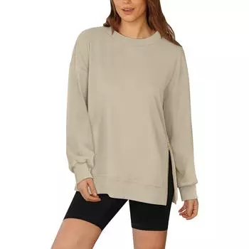 Женская негабаритная толстовка с длинным рукавом, повседневная свободная рубашка на пуговицах с V-образным вырезом, туника, топы, рубашки L бежевый