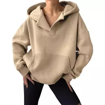 Женская негабаритная толстовка с длинным рукавом, повседневная свободная рубашка на пуговицах с V-образным вырезом, туника, топы, рубашки L бежевый