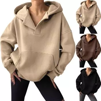 Женская негабаритная толстовка с длинным рукавом, повседневная свободная рубашка на пуговицах с V-образным вырезом, туника, топы, рубашки M бежевый