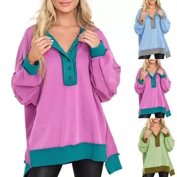 Женская негабаритная толстовка с длинным рукавом, повседневная свободная рубашка на пуговицах с V-образным вырезом, туника, топы, рубашки M