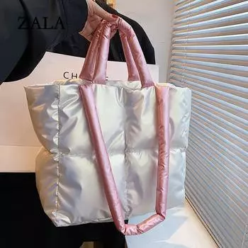 Женская нейлоновая водонепроницаемая сумка большой емкости на плечо с хлопковой подкладкой и верхней ручкой, сумки-тоут для покупок 30x14x27cm серебряный