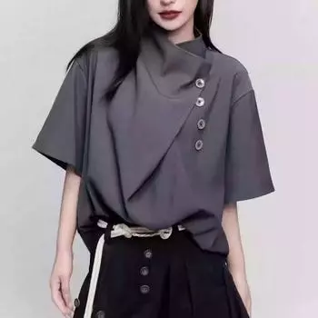 Женская нестандартная свободная рубашка с несколькими пуговицами, летние топы с короткими рукавами, блузки M чёрный