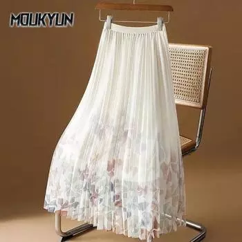 Женская нежная принтованная тюлевая длинная плиссированная юбка с большим качелями, милая эластичная талия, цветочная сетчатая юбка А-силуэта One Size синий