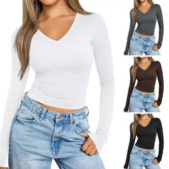 Женская нижняя рубашка, хлопковая облегающая футболка с длинными рукавами и v-образным вырезом, эластичный однотонный тонкий топ для повседневной носки, свиданий, работы XL серый