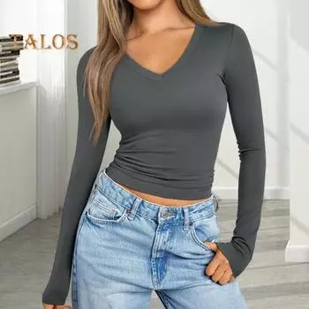 Женская нижняя рубашка, хлопковая облегающая футболка с длинными рукавами и v-образным вырезом, эластичный однотонный тонкий топ для повседневной носки, свиданий, работы XL серый
