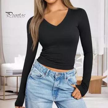 Женская нижняя рубашка, хлопковая облегающая футболка с длинными рукавами и v-образным вырезом, эластичный однотонный тонкий топ для повседневной носки, свиданий, работы XL серый