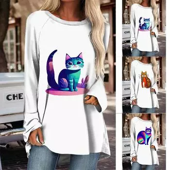 Женская нижняя рубашка с 3D милым принтом кота, базовая футболка с длинными рукавами, топы с круглым вырезом, повседневные длинные пуловеры, осень-зима-весна S