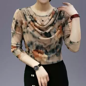 Женская нижняя рубашка с длинным рукавом и принтом, весна-осень, новый сетчатый пуловер с круглым воротником, футболка L-4XL XL хаки