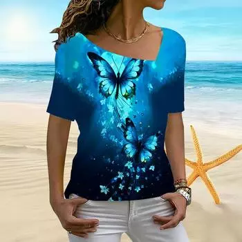 Женская нижняя рубашка с короткими рукавами и объемным принтом феи, нерегулярный воротник, женская футболка XS синий
