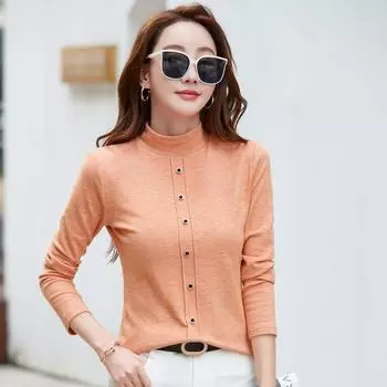 Женская нижняя рубашка с полуводолазкой, осенне-зимняя облегающая теплая футболка с длинными рукавами в корейском стиле на пуговицах для женщин S