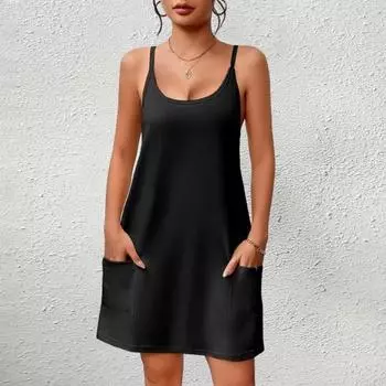 Женская ночная рубашка без рукавов, пижамное платье, платье-майка на тонких бретелях со спиной-борцовкой и карманами S розовый