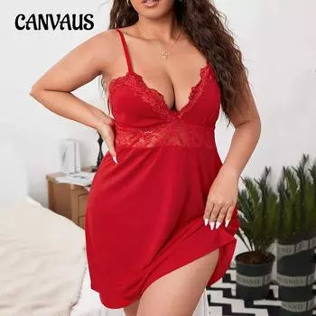 Женская ночная рубашка больших размеров, летнее сексуальное платье-пижама с бретельками через шею 1XL красный