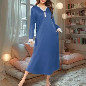 Женская ночная рубашка, длинный халат, пижамное платье с V-образным вырезом и карманами L синий