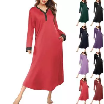 Женская ночная рубашка, длинный халат, пижамное платье с V-образным вырезом и карманами L чёрный