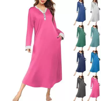 Женская ночная рубашка, длинный халат, пижамное платье с V-образным вырезом и карманами XL