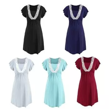 Женская ночная рубашка для кормления с кружевной отделкой, платье для беременных, ночная рубашка с v-образным вырезом и коротким рукавом, ночная рубашка для кормления грудью, больничное платье L